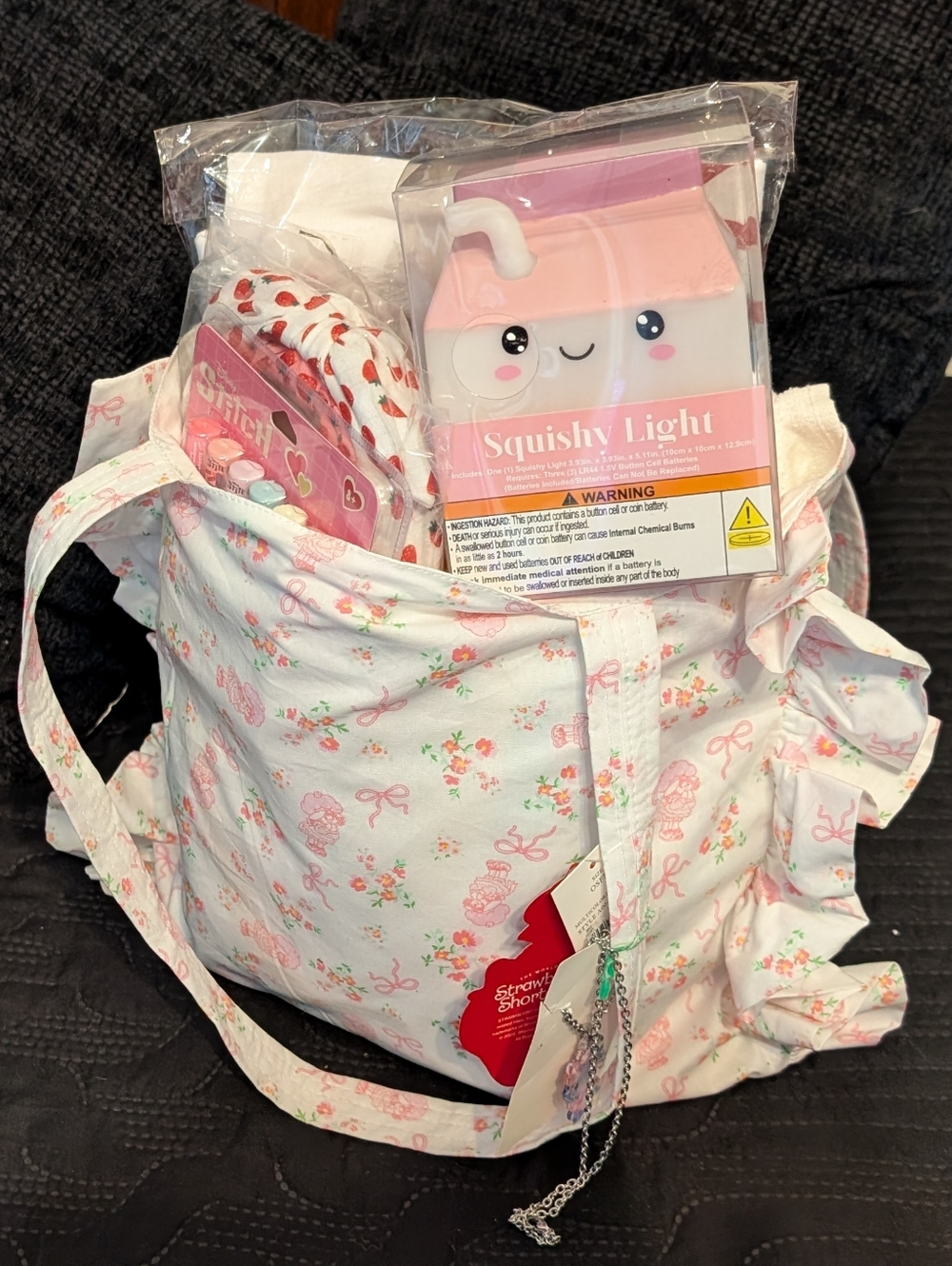Kids Floral Pink Tote Bag with Squishy Light and Accessories